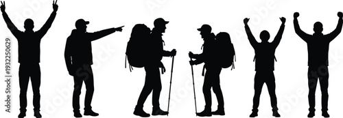 Black silhouette set of male hikers and travelers with backpacks and trekking poles celebrating success and pointing direction isolated on white background for outdoor adventure.