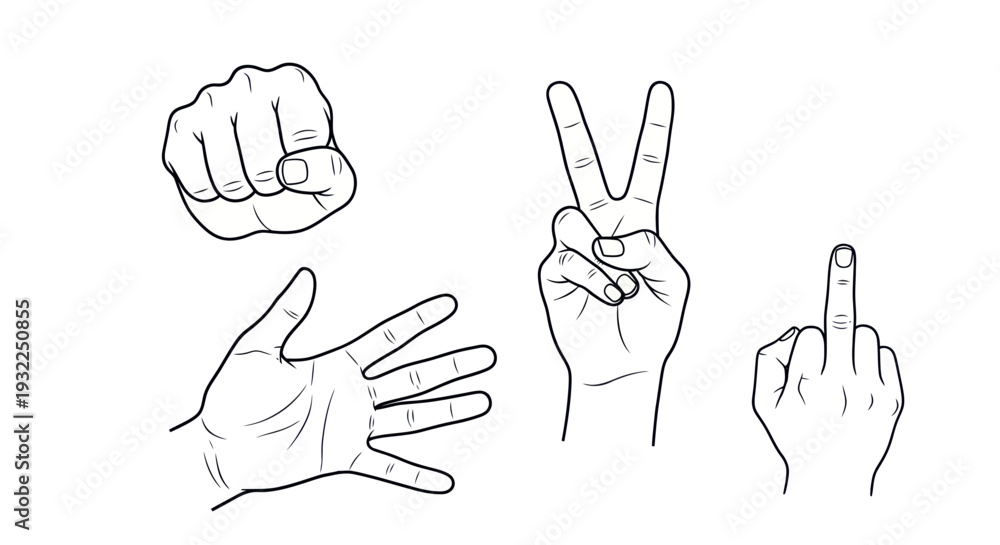 Fototapeta premium Rock Paper Scissors Hand Gestures: Fist, Open Palm, Victory Sign, Middle Finger
