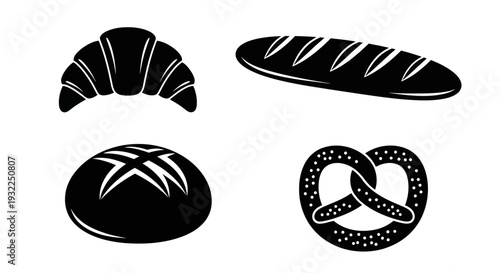 Black Silhouette Icons of Baked Goods: Croissant, Baguette, Loaf, Pretzel