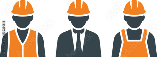 Three workers in construction and business attire with orange helmets construction workers