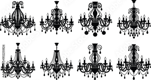 Black silhouette vector set of elegant luxury crystal chandeliers with classic vintage lamp designs and hanging decorative beads for interior home lighting decor projects