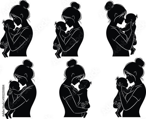 Black Vector Silhouette Set of a Loving Mother Cuddling her Newborn Baby Representing Motherhood, Infancy, Parental Care, Family Bonding, and Tender Maternal Love Moments.