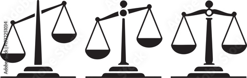 Black silhouettes of three different balance scales on white background