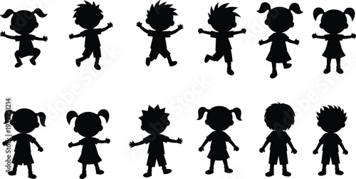 Black Vector Silhouette Set of Happy Children Jumping and Playing to Represent Childhood Joy, Youth Energy, Active Lifestyle, Preschool Education, and Diverse Kid Characters.