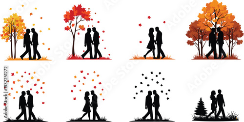 Black Vector Silhouette Set of Romantic Couples Walking in Autumn Parks with Falling Orange Leaves Representing Love, Seasonal Dates, Nature, and Relationship Outdoor Activities.
