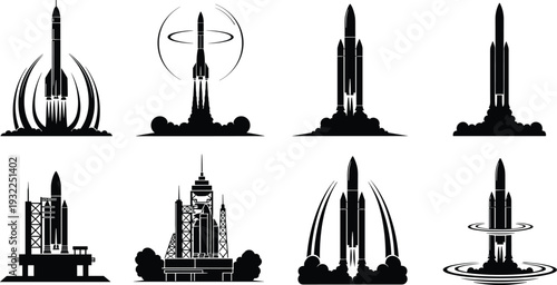 Black Vector Silhouette Set of Space Rockets Launching with Smoke and Fire Clouds Representing Aerospace Engineering, Science Exploration, Space Missions, and Technology Achievement.