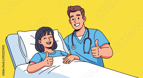 Nurse Assisting Female Patient Recovery in Hospital Bed Vector Illustration