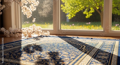 A serene indoor scene with a blue and white rug in front of a large window overlooking a sunny garden with blooming flowers and trees.