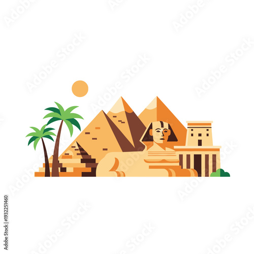 Ancient Egyptian Pyramids, Sphinx, and Temple Illustration with Palm Trees and Sun