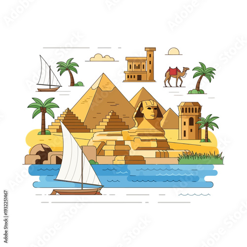 Ancient Egyptian Pyramids and Sphinx with Felucca Boats on Nile River