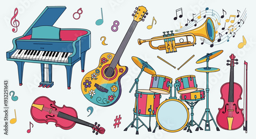 A hand-drawn vector illustration set of musical instrument icons including electric guitar, piano, and drums, featuring black silhouette designs for jazz and rock music equipment