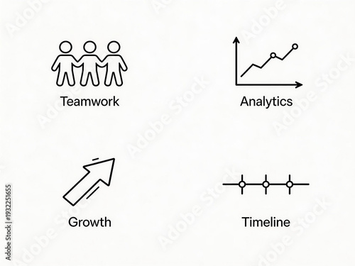 Four minimal line icons represent teamwork, analytics, growth, and a project timeline.