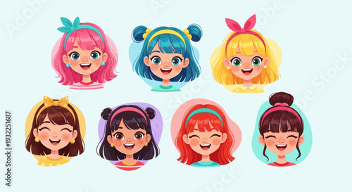 A funny set of colorful vector icons featuring a cartoon boy, woman, and kid with a smile and comic head expressions in a character avatar pattern