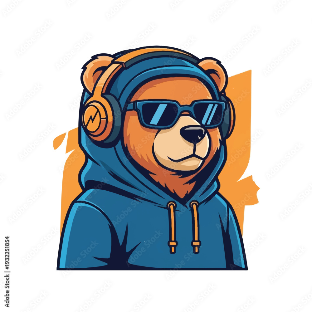 Obraz premium Cartoon bear wearing headphones and sunglasses.