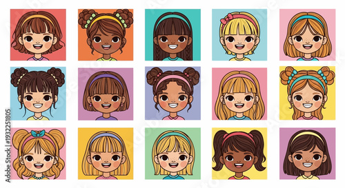 A set of funny cartoon girls and boys featuring a collection of smiling kid faces and diverse character head icons for a vector design illustration