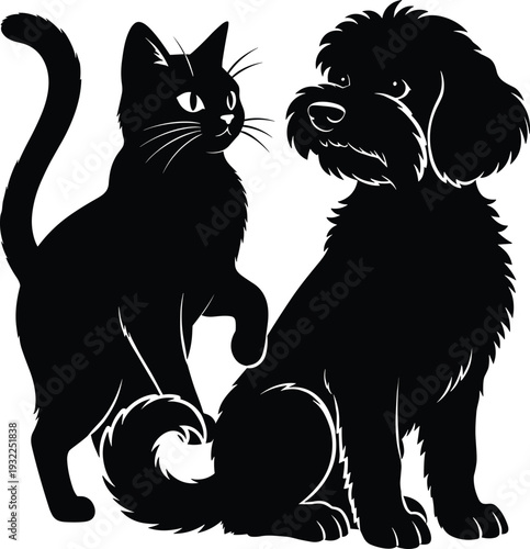 Cat and Dog Silhouette Illustration, Domestic Pet Companions Sitting Together in Black Isolated on White Background for Veterinary, Animal Care and Logo Design