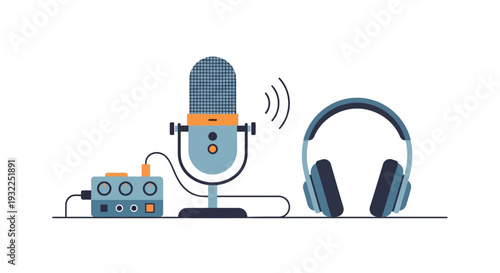 Podcast Recording Equipment: Microphone, Mixer, and Headphones Illustration