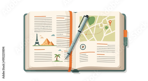 Open travel journal with map, landmarks, and pen