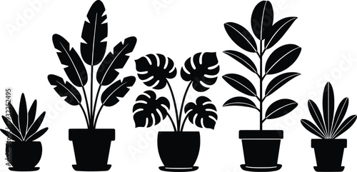 Black Houseplant Silhouettes Set in Pots Featuring Monstera Swiss Cheese Plant Ficus Rubber Tree and Tropical Palm Leaves for Minimalist Interior Design Vector Graphics
