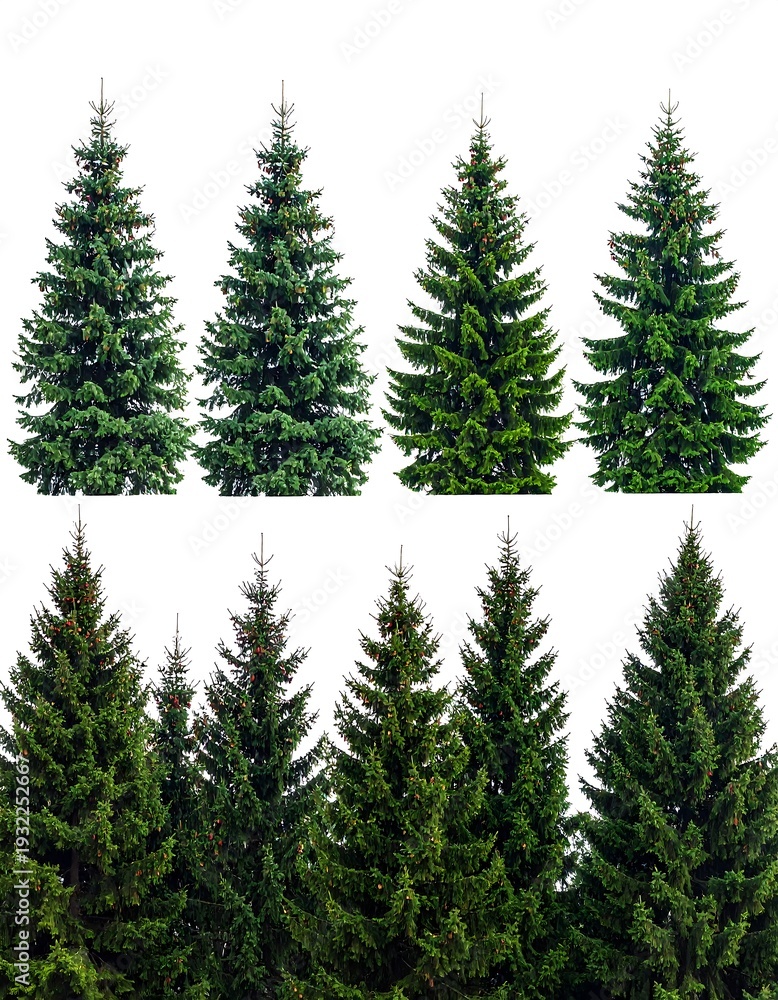 Fototapeta premium A collection of various isolated evergreen fir trees with varied light and colors