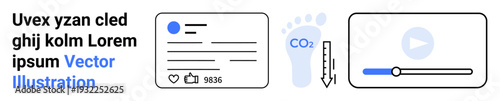 Social media, environmental awareness, digital media, interaction, carbon footprint tracking, online engagement. Simple icons highlighting a social media post, CO2 reduction, and a media player bar