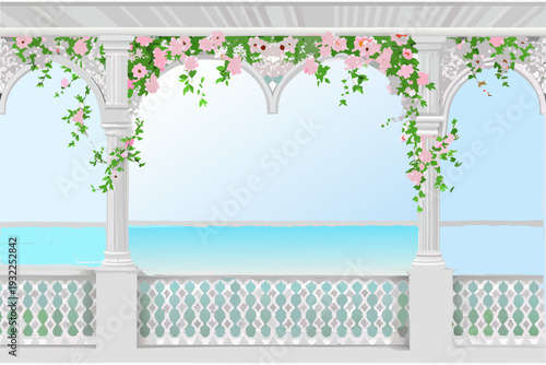 A white colonnade adorned with pink flowers overlooks a tranquil seascape
