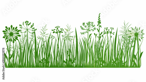 A vibrant green illustration of wildflowers and grasses on a white background