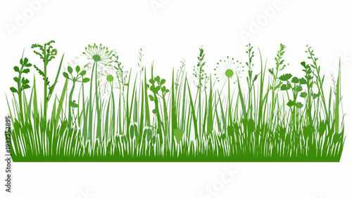 A vibrant stylized illustration of green grasses and wildflowers