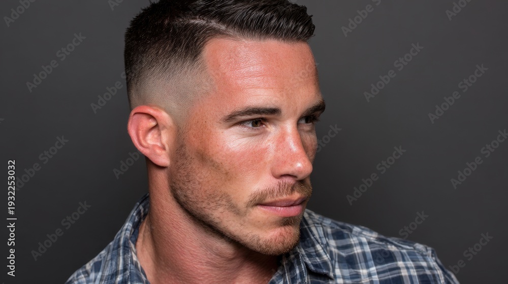 Fototapeta premium Handsome Young Man with Stylish Haircut Posing Against a Dark Background in Casual Checkered Shirt