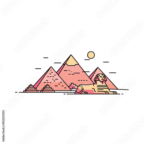 Egyptian Pyramids and Sphinx Line Art - Minimalist Illustration