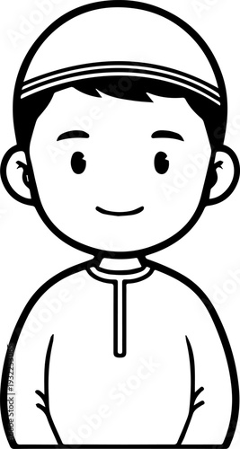 Smiling boy wearing traditional Muslim clothing and kufi cap