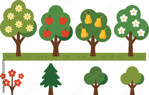 Colorful Cartoon Fruit Tree Set Featuring Apple Pear and Flowering Trees with Garden Elements Isolated on White Background for Children Education and Game Design Assets