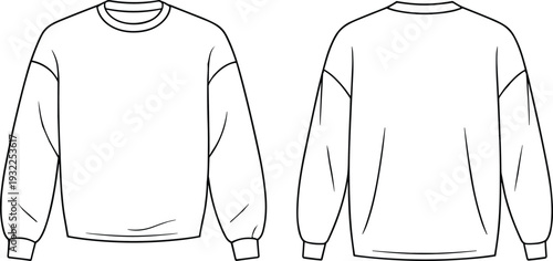 Basic sweatshirt CAD drawing flat vector illustration, front and back view crew neck pullover technical fashion design template