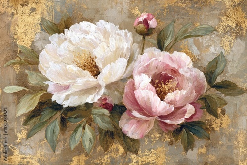 Beautiful painting of white and pink peonies on textured gold background.