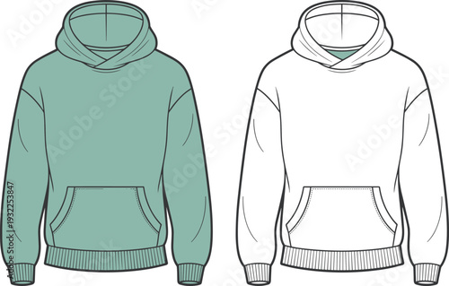 Hoodie sweatshirt CAD drawing flat vector illustration, front view casual pullover with kangaroo pocket, technical fashion design template
