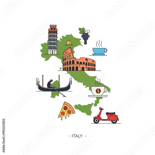 Italy Map Icons: Landmarks, Food, Culture, Scooter, Gondola, Coffee, Pizza, Leaning Tower