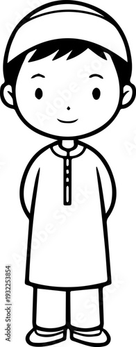 Smiling boy wearing traditional Muslim clothing and kufi cap