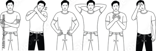 Man showing pain symptoms set body ache health problem vector illustration isolated on white background collection