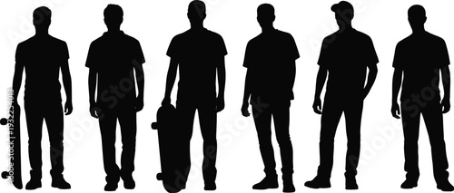 Skateboarder silhouettes set young men standing with skateboard vector illustration isolated on white background collection