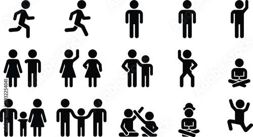 Black stick figure icon set, people pictogram collection showing running, standing, family, parenting, yoga, dancing silhouettes isolated