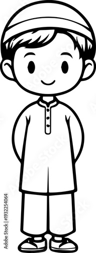 Smiling boy wearing traditional Muslim clothing and kufi cap