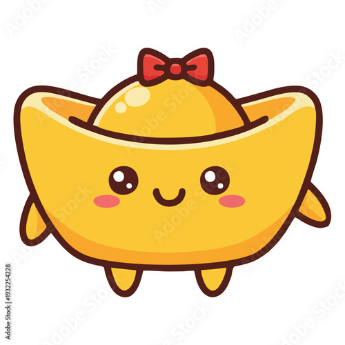 A cute, anthropomorphic cartoon gold ingot with a red bow on its head and rosy cheeks.