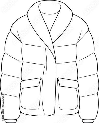 Minimalist puffer jacket CAD drawing flat vector illustration, winter quilted coat outline design, insulated parka outerwear mockup, black and white line art