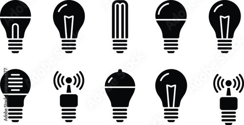 Light bulb icon set, idea lamp and wireless signal symbols collection, energy innovation silhouette vector illustration design