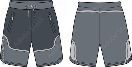 Performance sport shorts CAD drawing flat vector illustration, front and back view zip pocket athletic wear technical design template