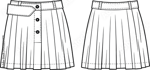 Pleated skirt with belt CAD drawing flat vector illustration, front and back view technical fashion design template