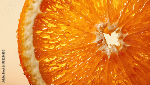 Fresh orange slice macro with juice droplets and vibrant texture, bright citrus appeal