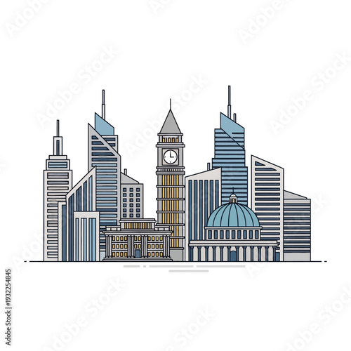 Modern City Skyline with Iconic Big Ben Clock Tower Illustration