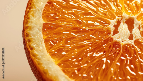 Ripe orange slice macro juicy texture glossy segments with warm lighting