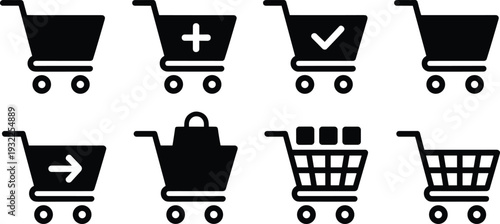 Shopping cart icon set, ecommerce trolley symbols collection, add to cart checkout basket black vector illustration